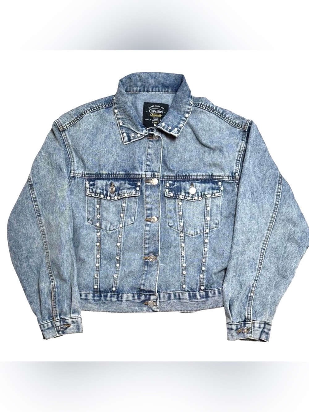Cavalini Originals Pearl Studded Denim Jacket Medium Rhinestone Jean Jacket